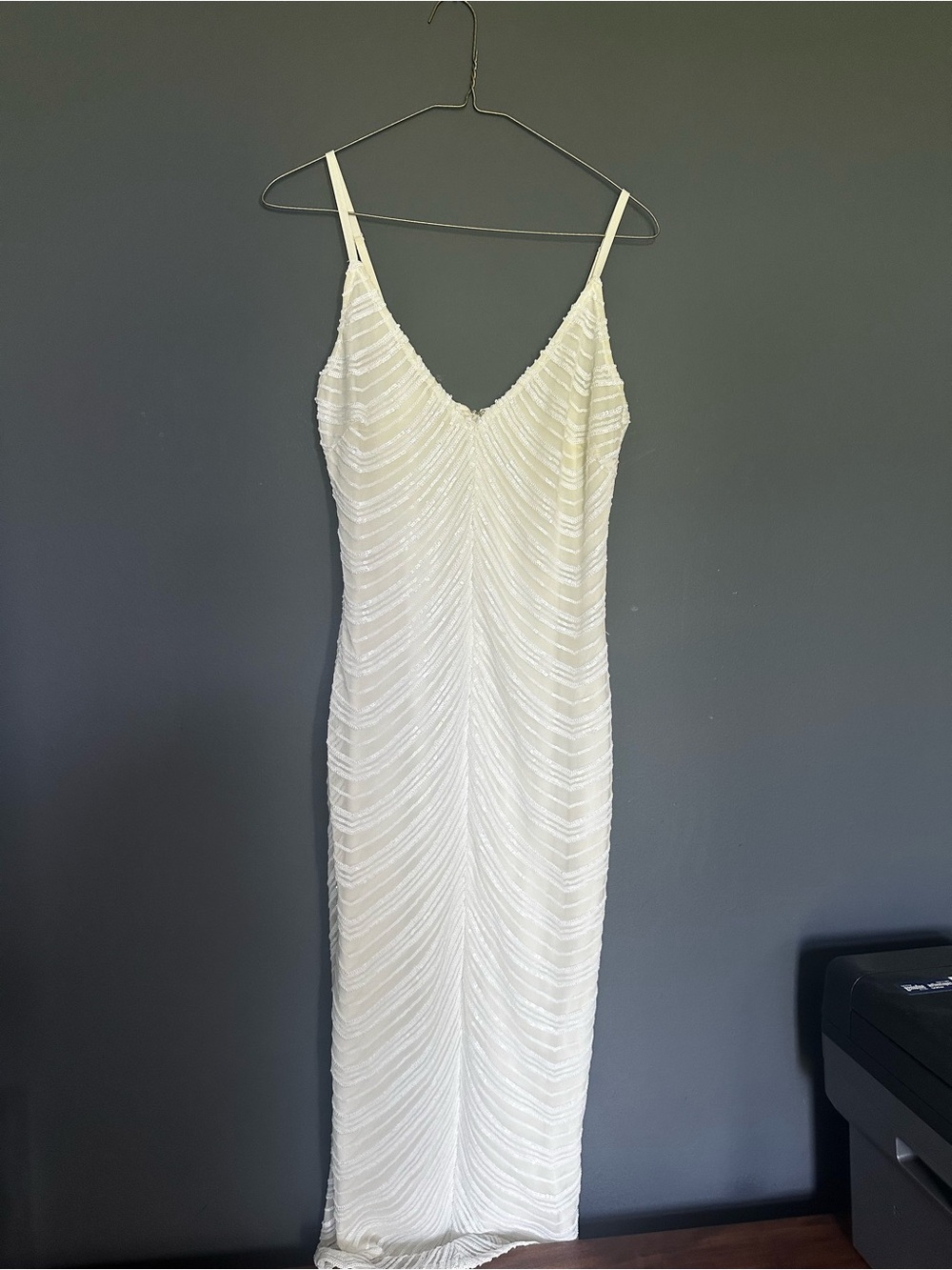 Elegant White Beaded Slip Dress with Spaghetti Straps